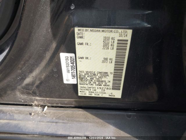 Nissan Altima 2.5 Sv 2015 1N4AL3AP3FC192780 Image 9