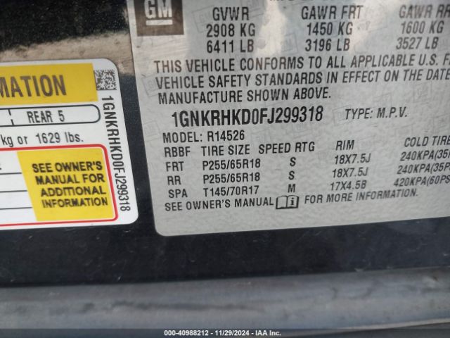 1GNKRHKD0FJ299318 Chevrolet Traverse 2lt