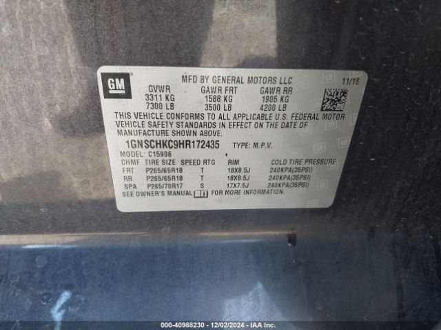 1GNSCHKC9HR172435 Chevrolet Suburban Lt