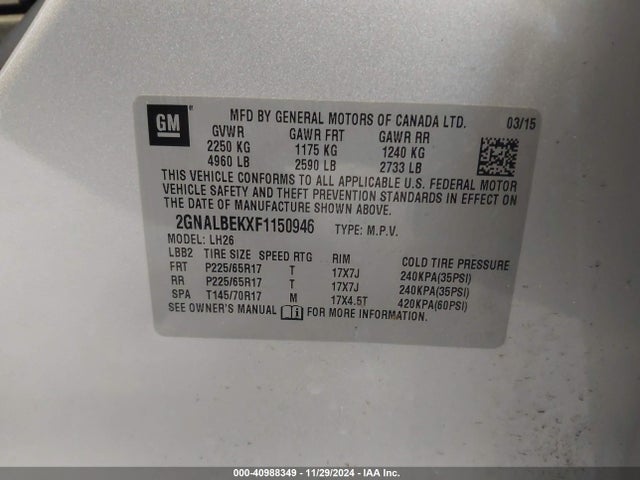 Chevrolet EQUINOX 1LT 2015 2GNALBEKXF1150946 Image 9