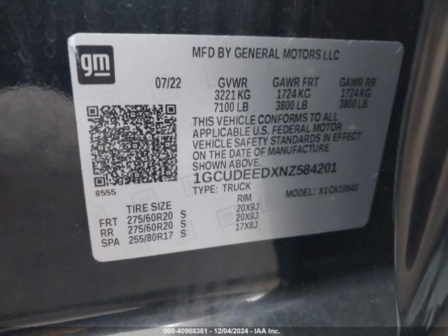 1GCUDEEDXNZ584201 Chevrolet Silverado 1500 4wd  Short Bed Rst