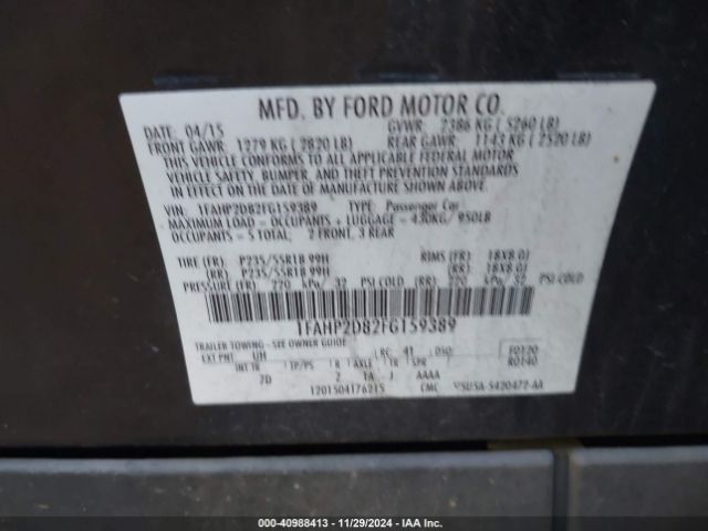 1FAHP2D82FG159389 Ford TAURUS SE