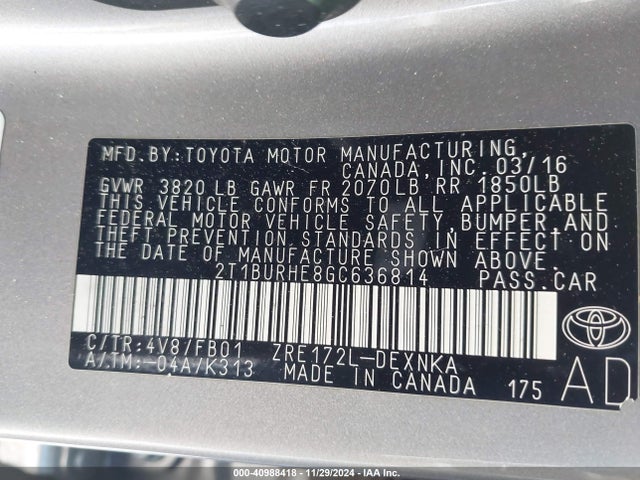 Toyota COROLLA LE 2016 2T1BURHE8GC636814 Image 9