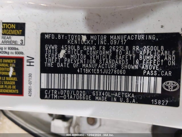 Toyota AVALON XLE 2018 4T1BK1EB1JU278060 Image 9