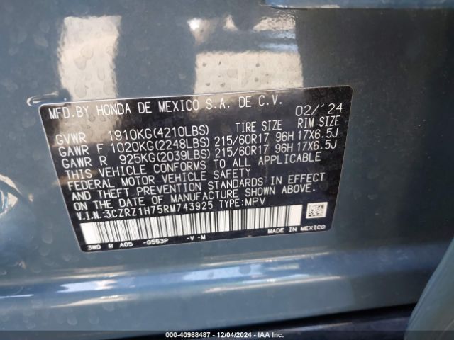 3CZRZ1H75RM743925 Honda Hr-v 2wd Ex-l/2wd Ex-l W/o Bsi