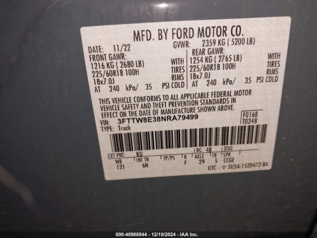 3FTTW8E38NRA79499 Ford Maverick Lariat