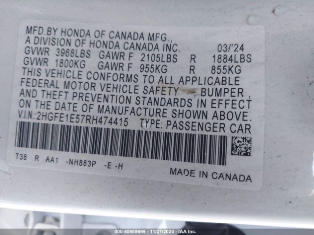 2HGFE1E57RH474415 Honda CIVIC SI SEDAN