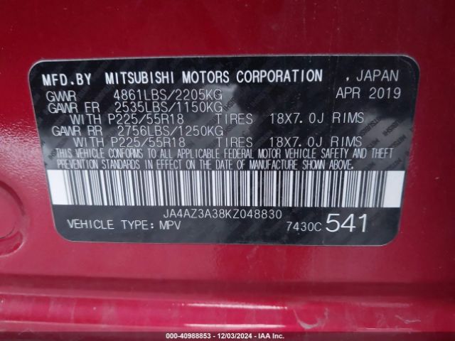 2019 MITSUBISHI OUTLANDER JA4AZ3A38KZ048830 Photo 8
