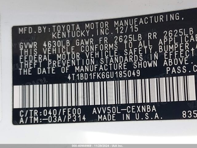 4T1BD1FK6GU185049 Toyota Camry Hybrid Le