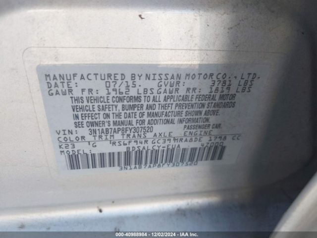 3N1AB7AP8FY307520 Nissan SENTRA S