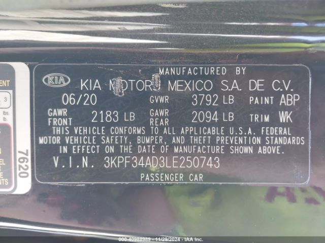 3KPF34AD3LE250743 KIA Forte Gt-line