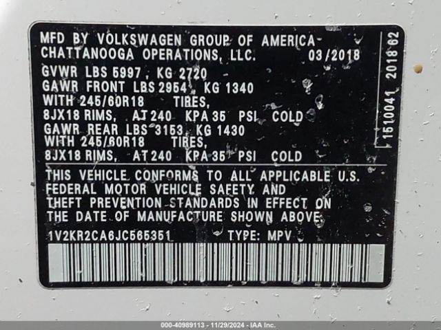 1V2KR2CA6JC565351 Volkswagen Atlas 3.6l V6 Se