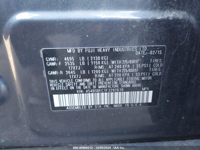 Subaru Outback 2.5i Premium 2015 4S4BSBEC1F3297610 Image 9