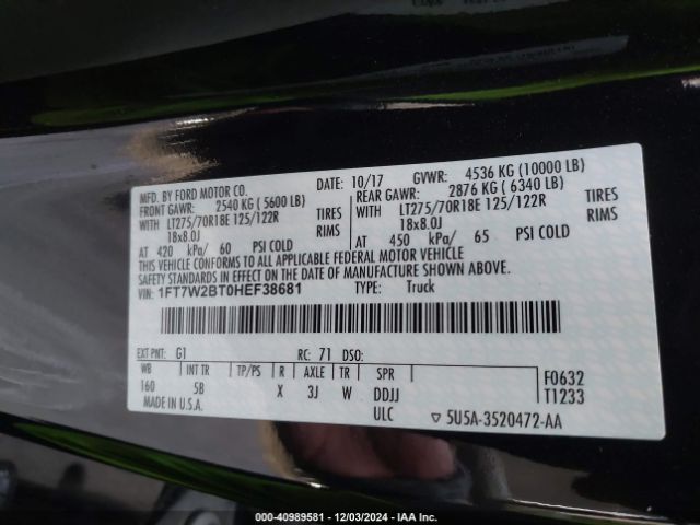 1FT7W2BT0HEF38681 Ford F-250 Lariat