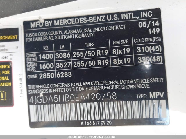 4JGDA5HB0EA420758 Mercedes-Benz Ml 350 4matic