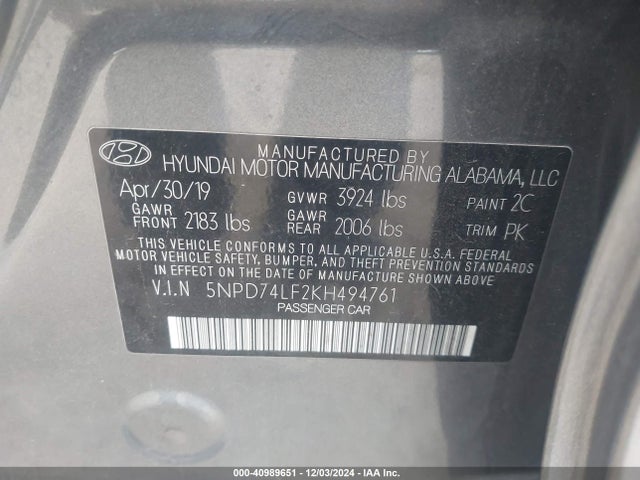 5NPD74LF2KH494761 Hyundai ELANTRA SE