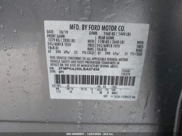 2FMPK4J99LBA07458 Ford EDGE SEL