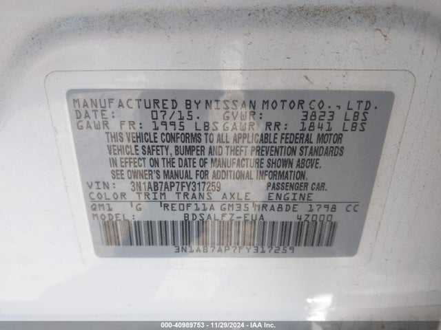 Nissan Sentra Fe+ S 2015 3N1AB7AP7FY317259 Image 9