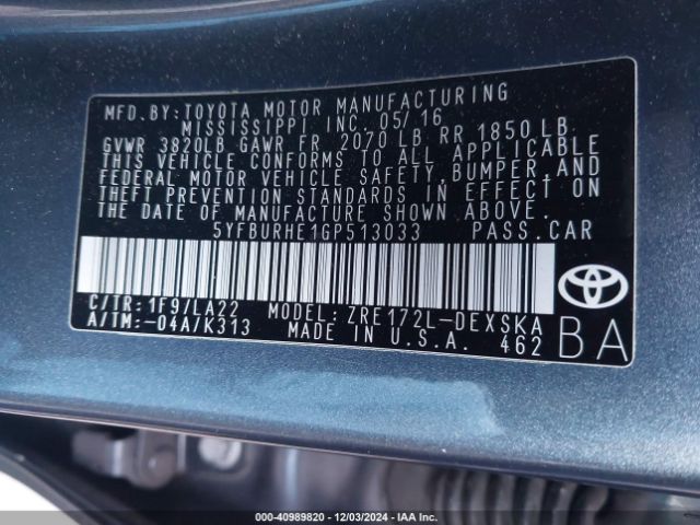 5YFBURHE1GP513033 Toyota Corolla S Premium
