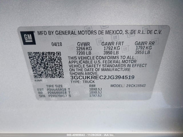 3GCUKREC2JG394519 Chevrolet Silverado 1500 2lt