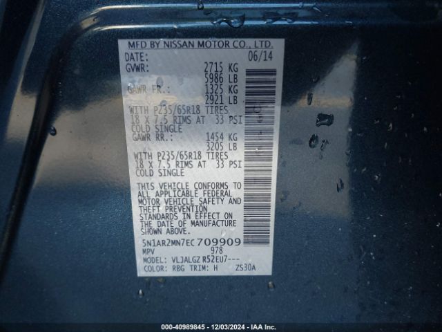 5N1AR2MN7EC709909 Nissan Pathfinder Sl