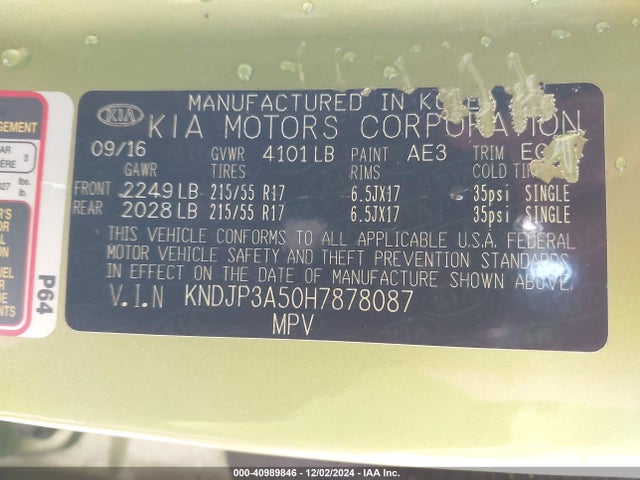 KIA SOUL + 2017 KNDJP3A50H7878087 Image 9