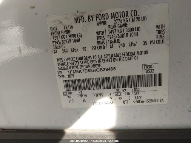 Ford EXPLORER XLT 2017 1FM5K7D83HGB39465 Image 9