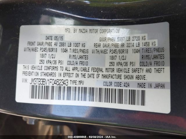 JM3TB3BV1F0462343 Mazda CX-9 SPORT