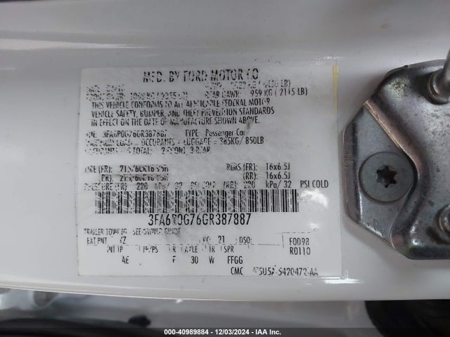 Ford FUSION S 2016 3FA6P0G76GR387887 Image 9