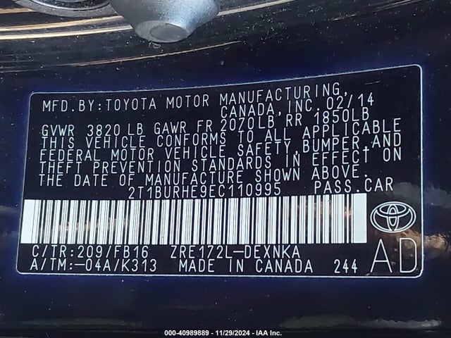 Toyota COROLLA LE 2014 2T1BURHE9EC110995 Image 9