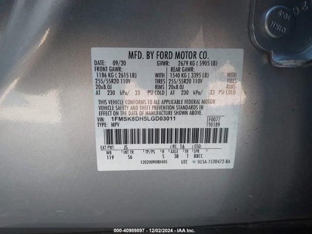 Ford EXPLORER XLT 2020 1FMSK8DH5LGD03011 Image 9
