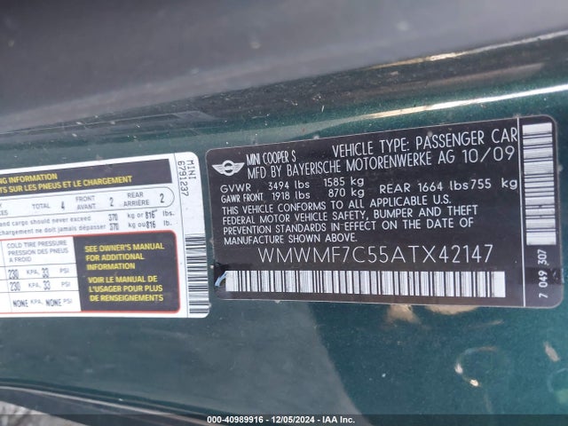 2010 MINI COOPER S WMWMF7C55ATX42147 Photo 8