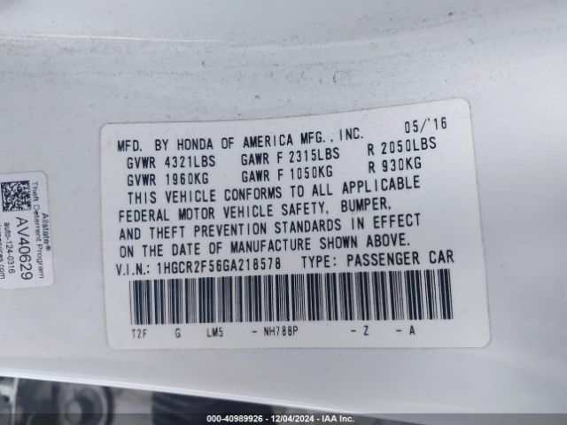 1HGCR2F56GA218578 Honda Accord Sport