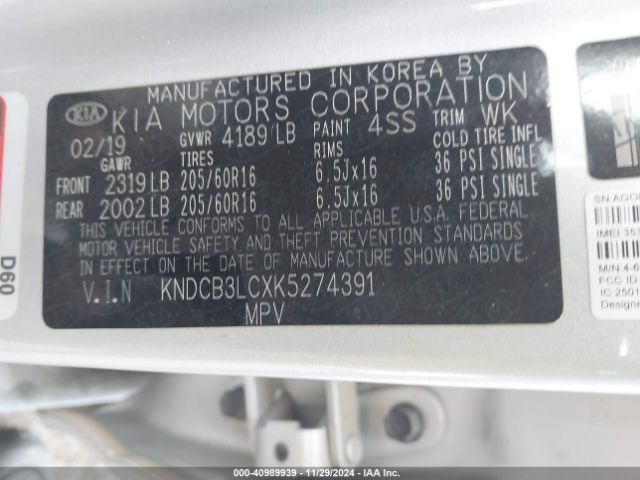 KNDCB3LCXK5274391 KIA NIRO LX
