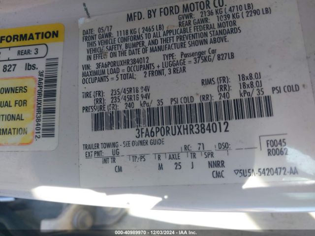 3FA6P0RUXHR384012 Ford Fusion Hybrid Titanium