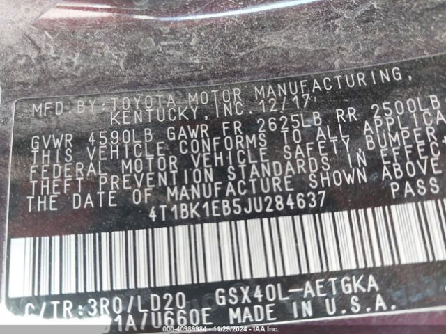 4T1BK1EB5JU284637 Toyota AVALON XLE