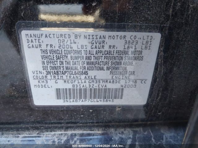 3N1AB7AP7GL645845 Nissan Sentra Fe+ S/s/sl/sr/sv