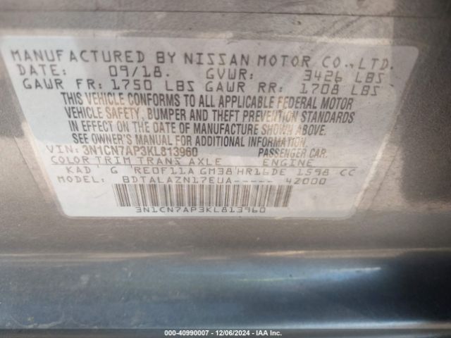 3N1CN7AP3KL813960 Nissan Versa 1.6 S+