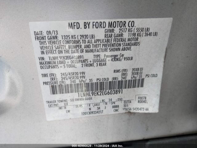 1LNHL9EK2EG603891 Lincoln MKS