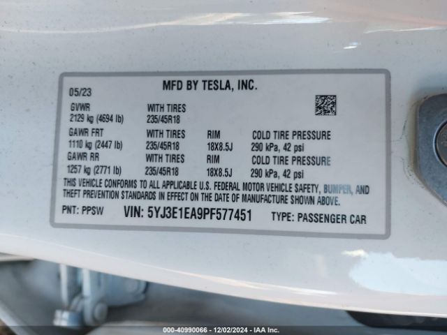 5YJ3E1EA9PF577451 Tesla Model 3 Rear-wheel Drive