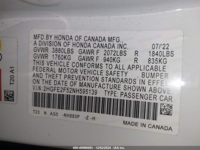 2HGFE2F52NH595139 Honda Civic Sport