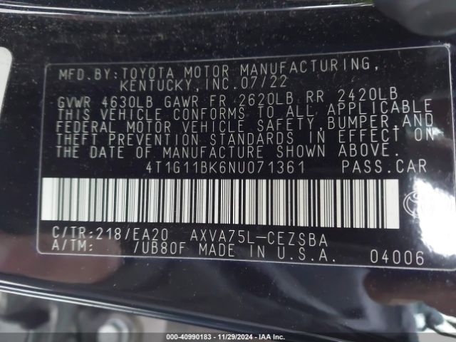 4T1G11BK6NU071361 Toyota Camry Se Awd