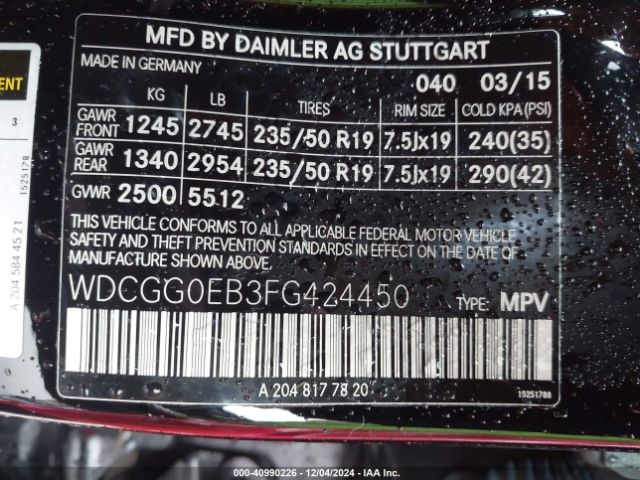 WDCGG0EB3FG424450 Mercedes-Benz Glk 250 Bluetec 4matic
