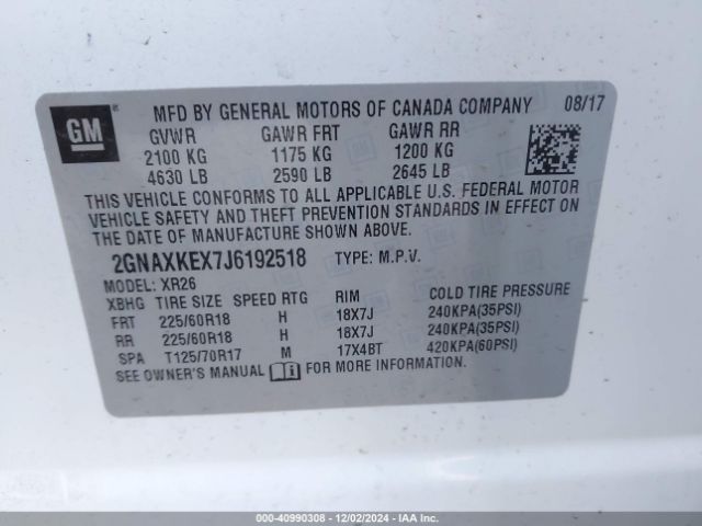 2GNAXKEX7J6192518 Chevrolet EQUINOX LT