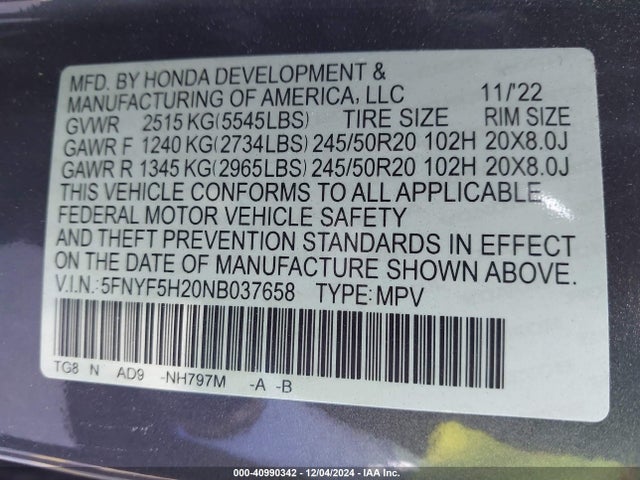 Honda Pilot 2wd Special Edition 2022 5FNYF5H20NB037658 Image 9