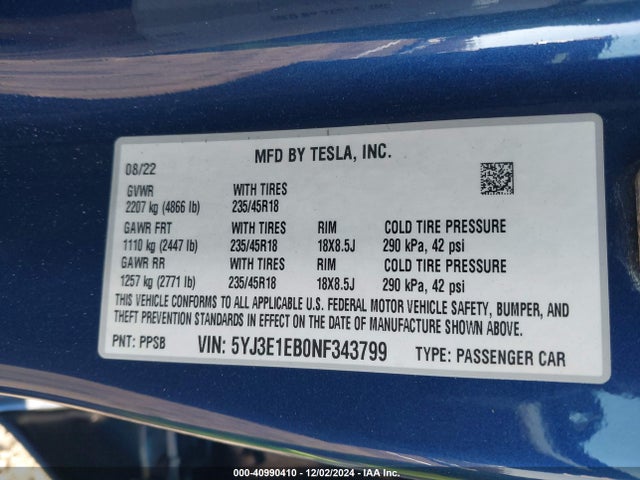 2022 TESLA MODEL 3 5YJ3E1EB0NF343799 Photo 8