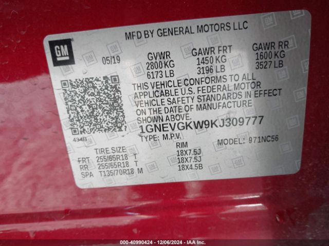 1GNEVGKW9KJ309777 Chevrolet Traverse 1lt
