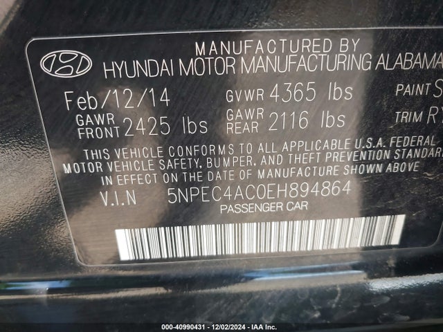 Hyundai SONATA SE 2014 5NPEC4AC0EH894864 Image 9