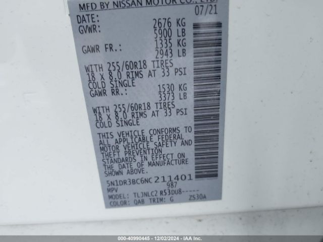 5N1DR3BC6NC211401 Nissan Pathfinder Sv 4wd