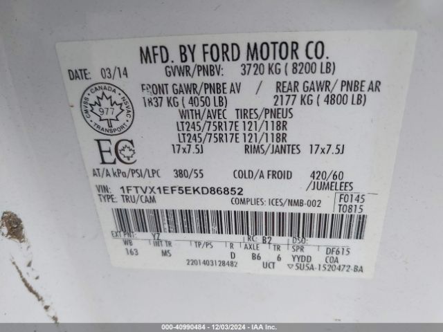 1FTVX1EF5EKD86852 Ford F-150 Xlt